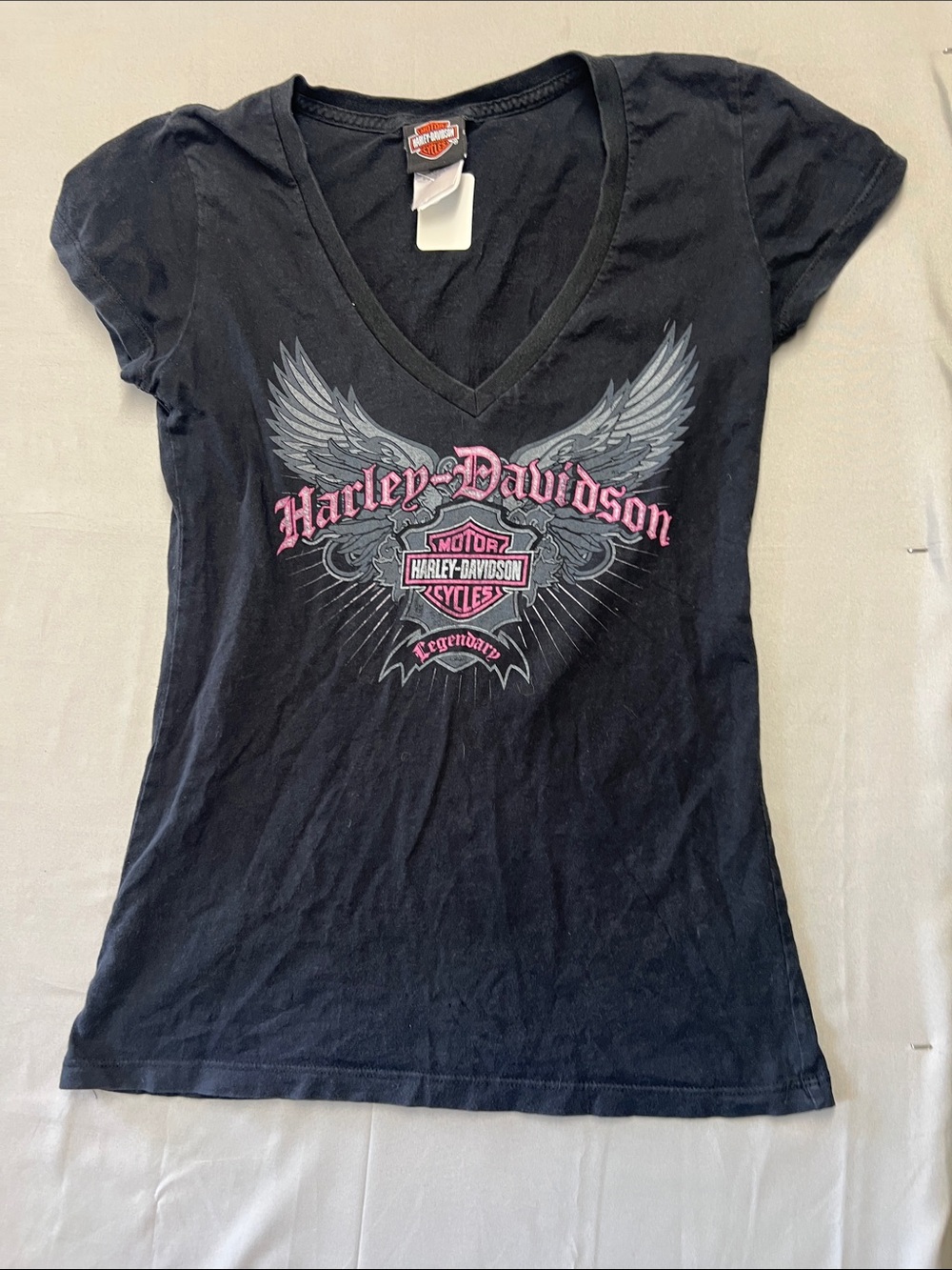 Harley-Davidson Black V-Neck Tee with Pink and Gray Wing Graphic